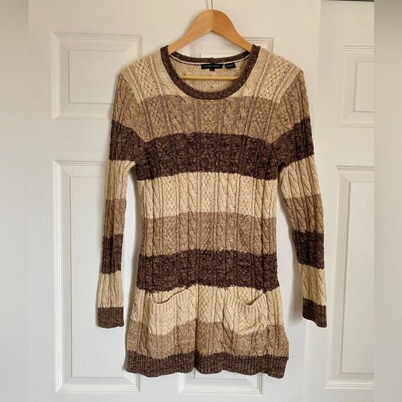 JEANNE PIERRE Cotton Cable Knit Striped Long Tunic Sweater w Pockets Brown / Tan - Picture 1 of 4